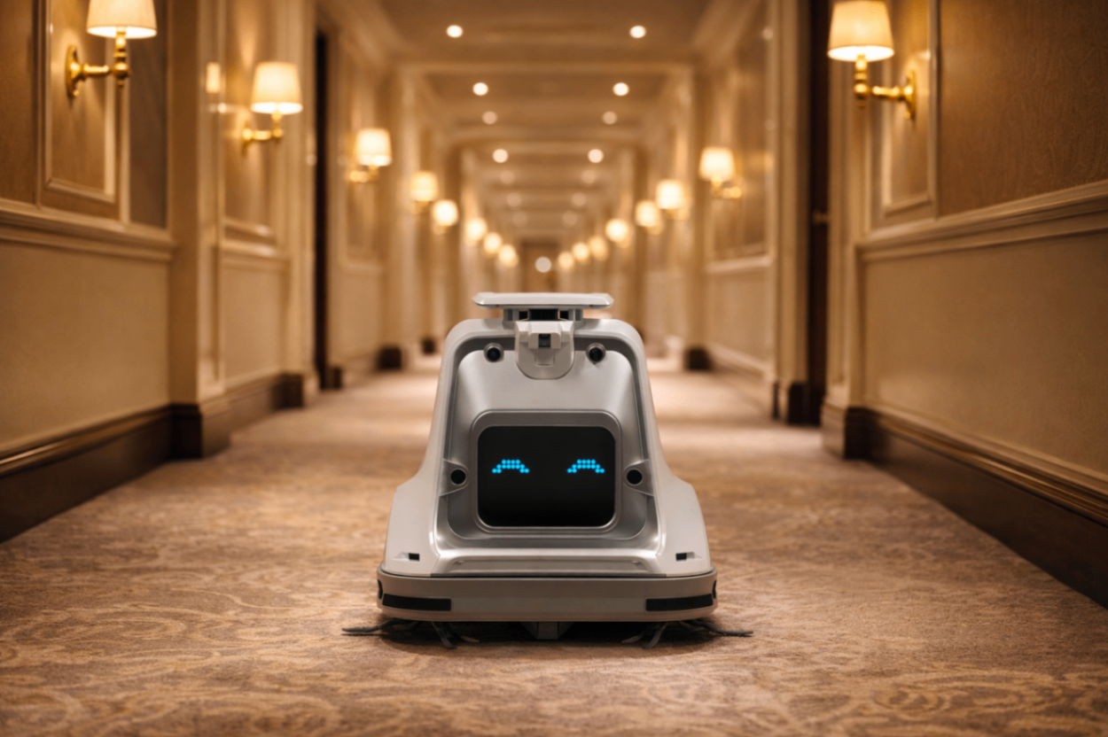 Reinigungsroboter saugt Teppich im Korridor eines Luxushotels